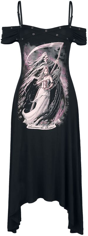 Gothicana X Anne Stokes - Vestido negro con estampado y ojales