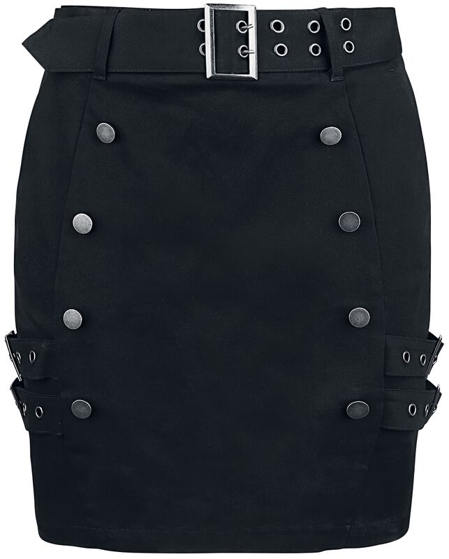 Mini falda negra con doble fila de botones y correas