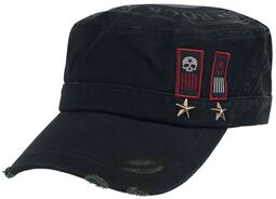 Gorra negra militar con estampado, parches y tachuelas