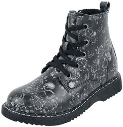 Black Lace-Up Boots with Skull and Roses
