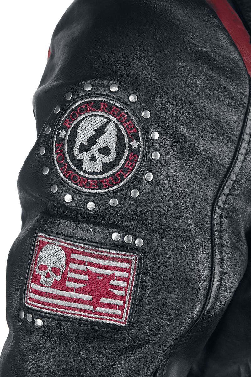 Chaqueta de piel negra/roja en estilo motero con parches | Rock by Chaqueta de Cuero EMP