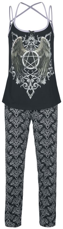 Gothicana X Anne Stokes - Schwarzer Pyjama mit Print inklusive Tuch