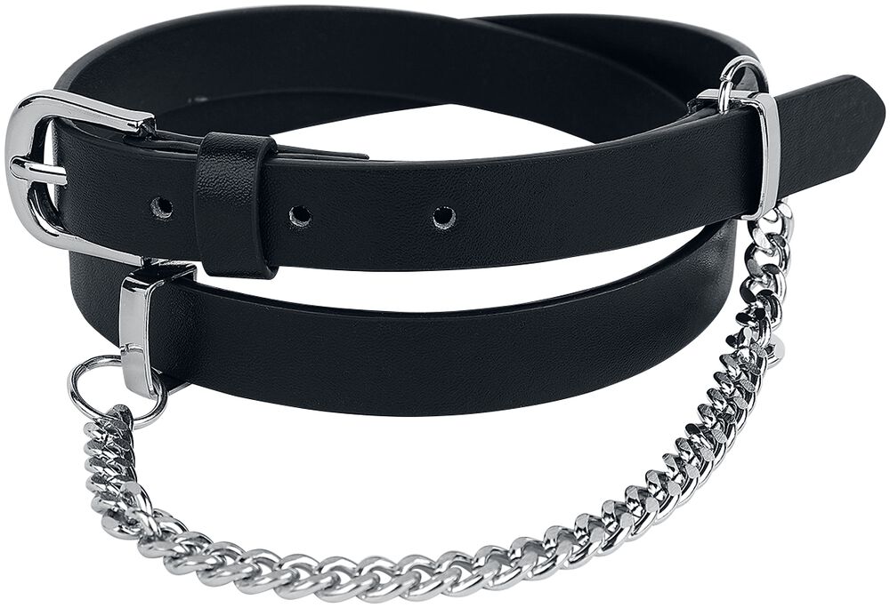 Cinturón estrecho negro con cadena decorativa