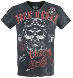 Camiseta negra con cuello en V y estampado, Rock Rebel by EMP, Camiseta