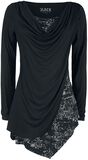Camiseta negra manga larga con cuello cascada y estampado, Black Premium by EMP, Camiseta Manga Larga