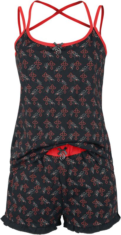 Gothicana X Anne Stokes - Pijama corto negro con estampado. Con bufanda