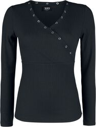 Camiseta negra manga larga con ojales y cuello en V, Black Premium by EMP, Camiseta Manga Larga
